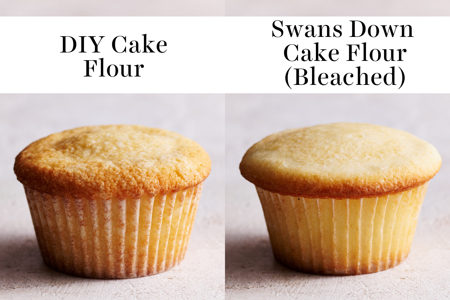 diy cake flour vs. swans down brand cake flour cupcakes side by side.