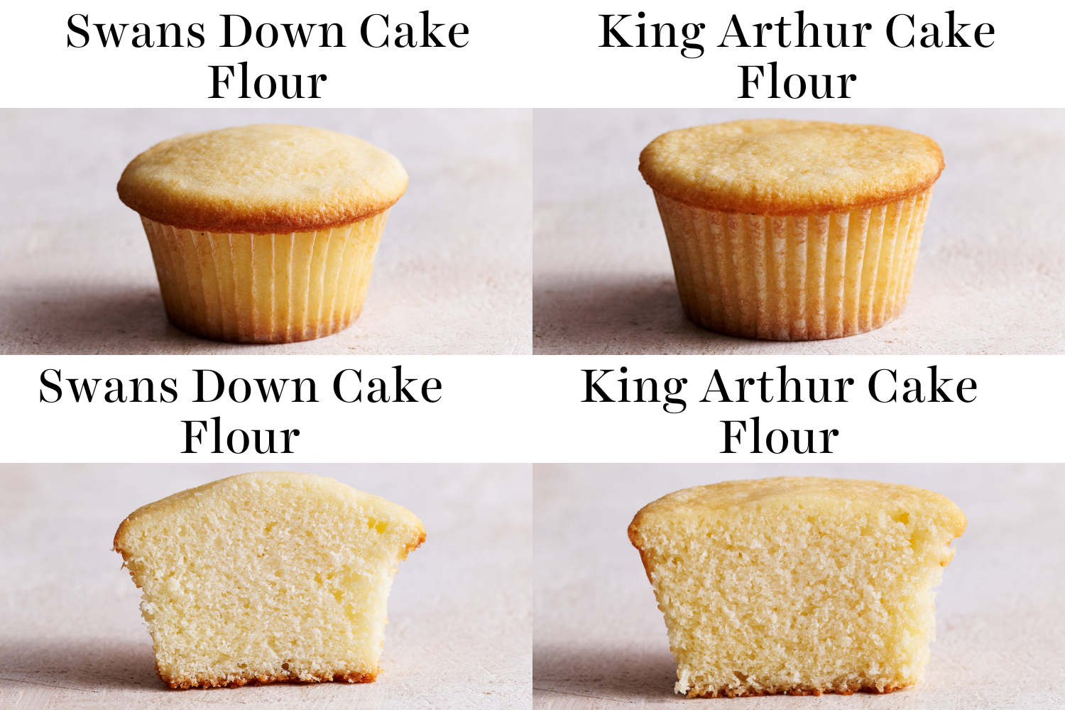 collage of four images, showing cupcakes made with Swans Down vs. King Arthur cake flour, showing both the outer/whole cupcake, and the interior of each.