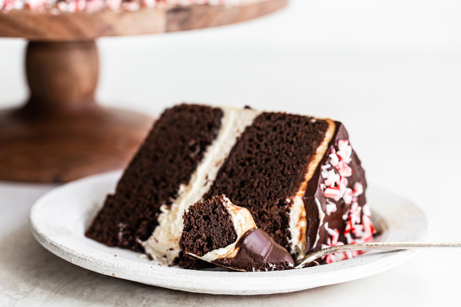 a slice of Peppermint Chocolate Cake on a plate, ready to serve.