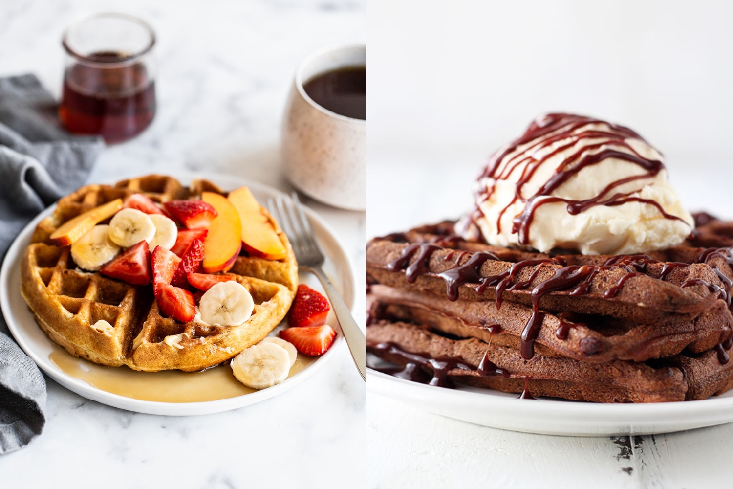 two plates of waffles.