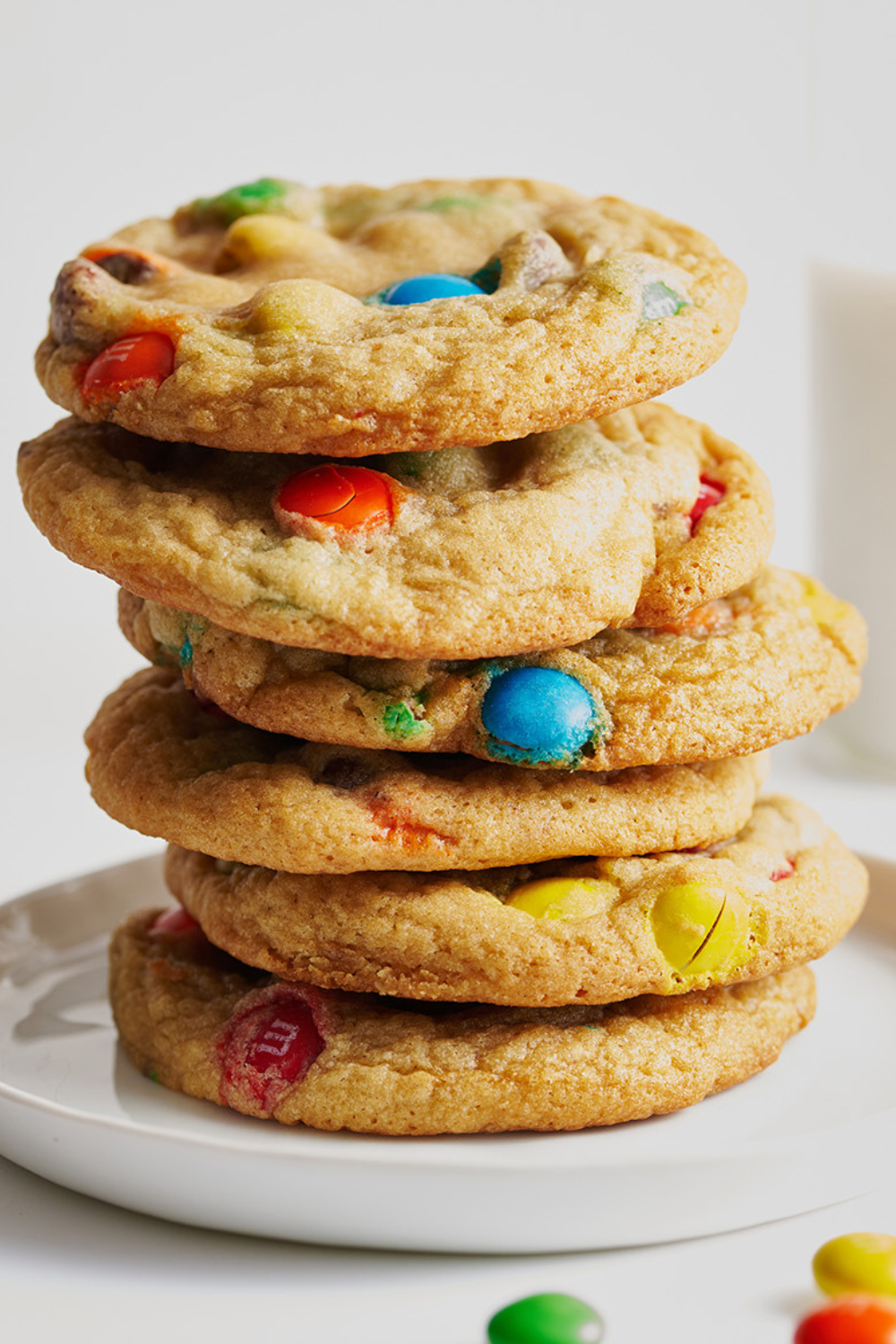 a stack of several Soft and Chewy M&M Cookies.