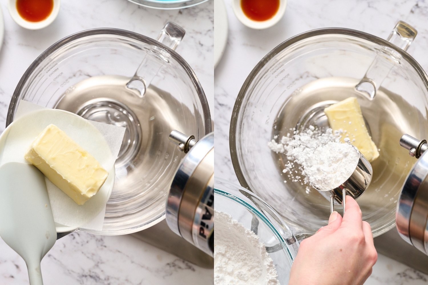 side-by-side images of the butter and powdered sugar being added to a mixing bowl.