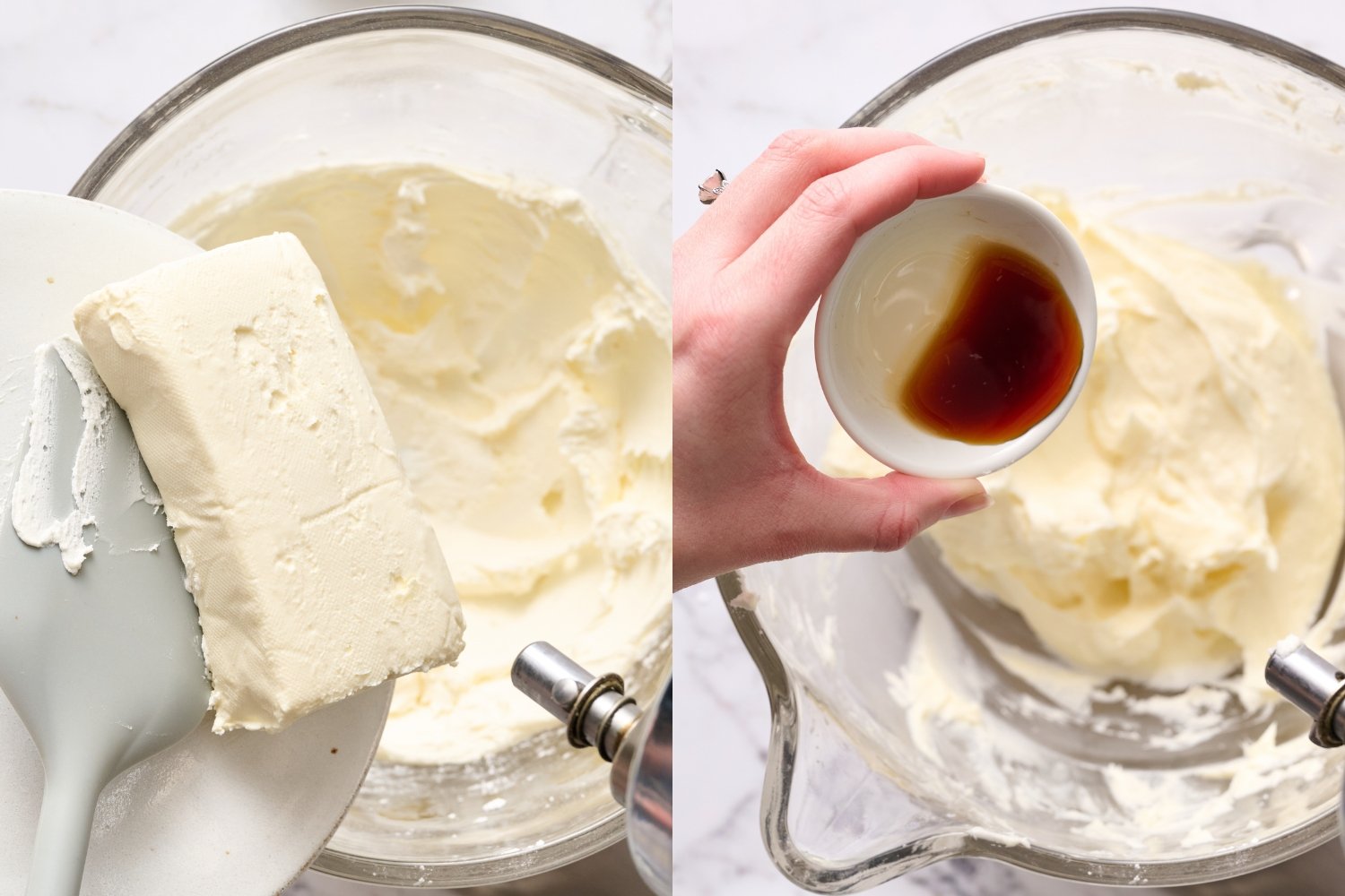 side-by-side images of the cream cheese and vanilla being added to the mixing bowl.
