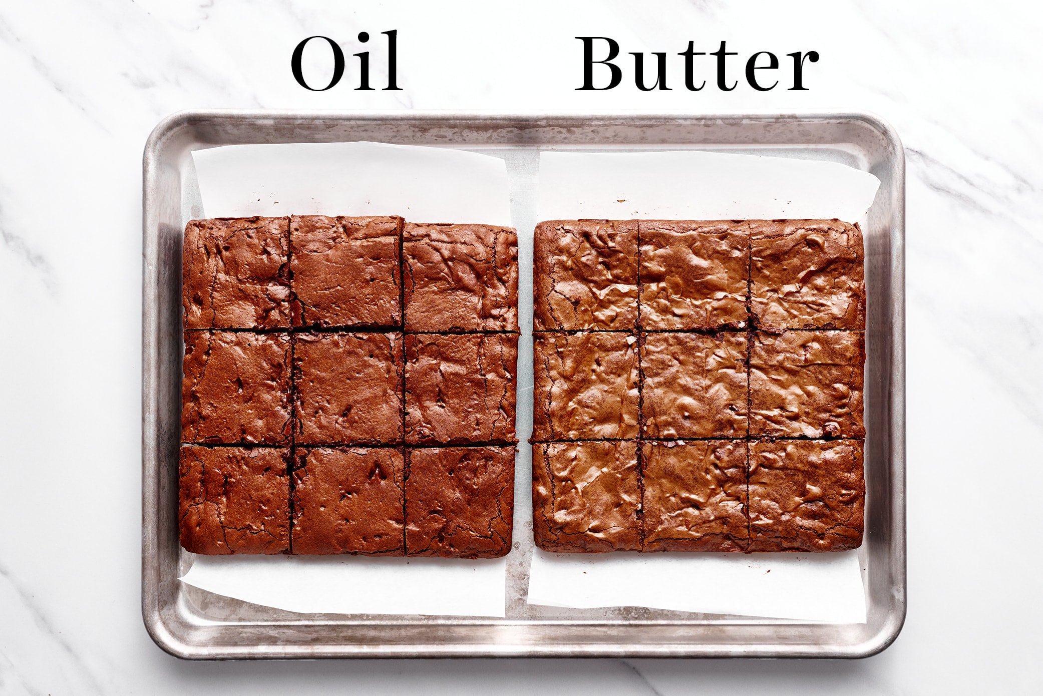 sliced brownies on a pan comparing whether oil or butter is better in baking