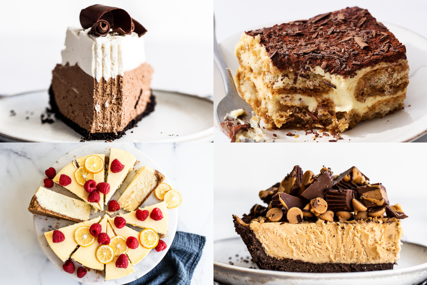 non-cake alternatives for birthday celebrations: French silk pie, Tiramisu, cheesecake, and peanut butter pie.