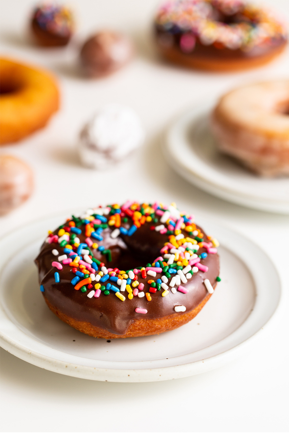 a chocolate-iced donut with sprinkles on a plate, ready to serve.