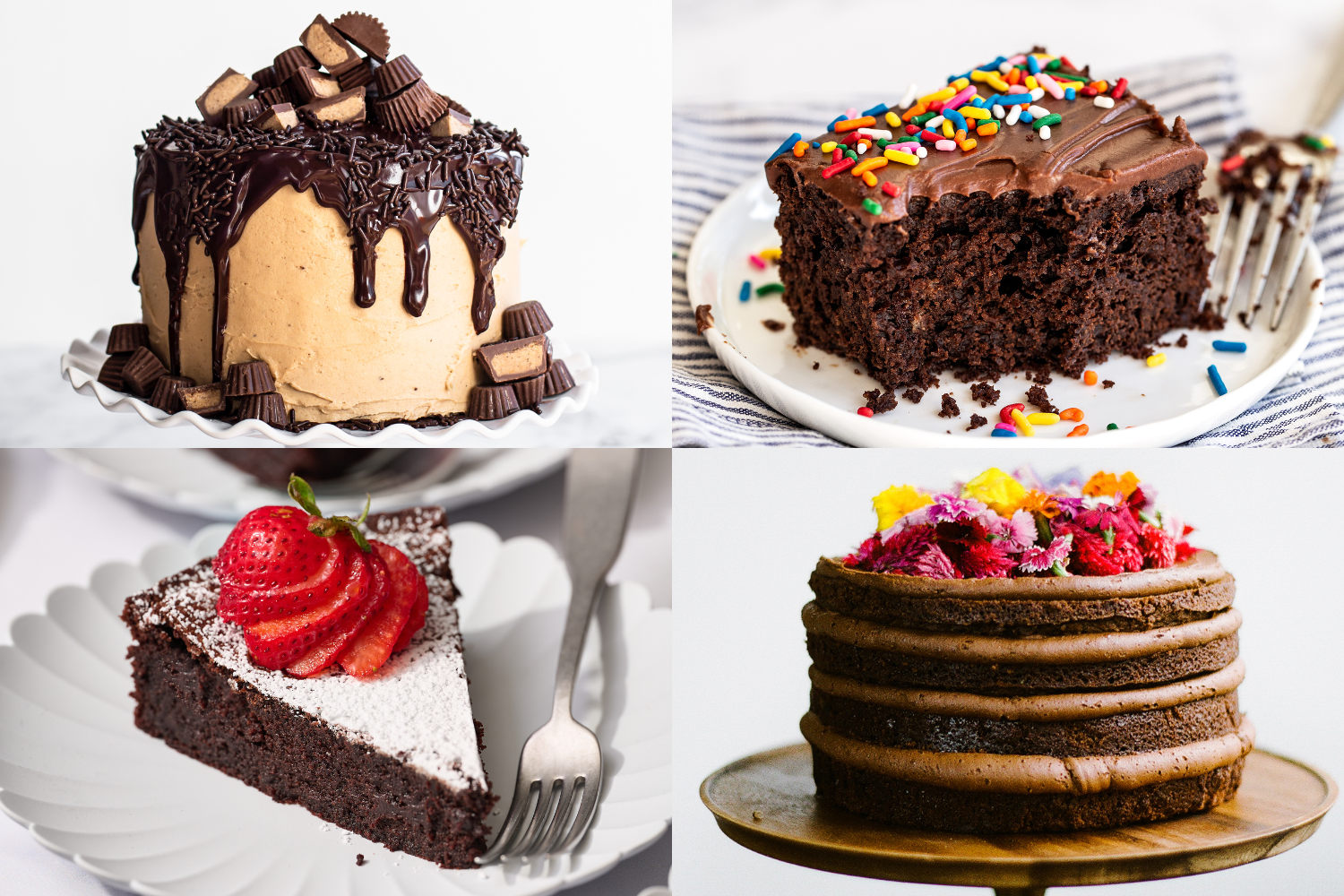 four of my best chocolate birthday cake recipes: Brownie Cake, Chocolate Sheet Cake, Flourless Chocolate Cake, and Nutella Cake.