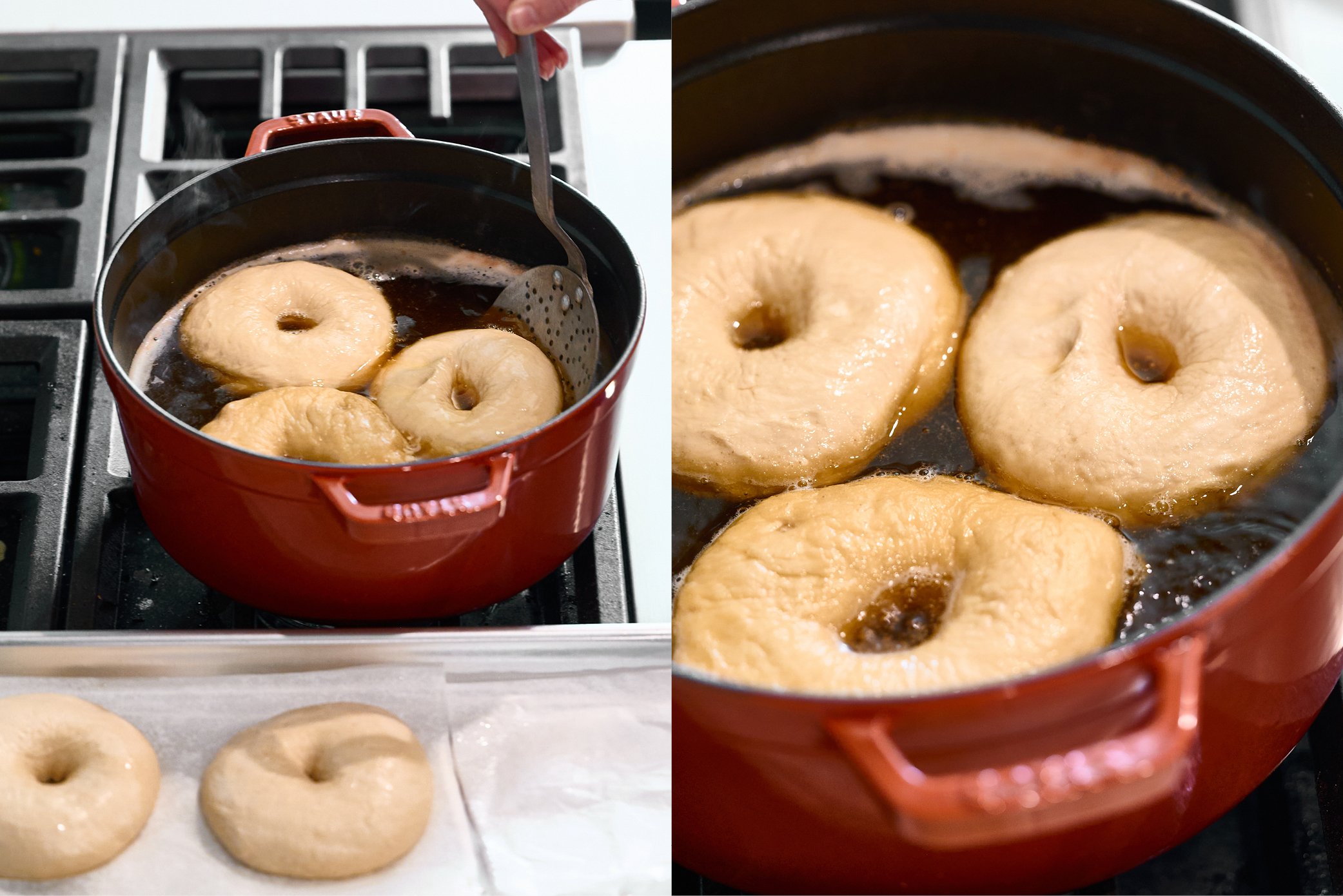 showing the boiling process of How to Make Bagels