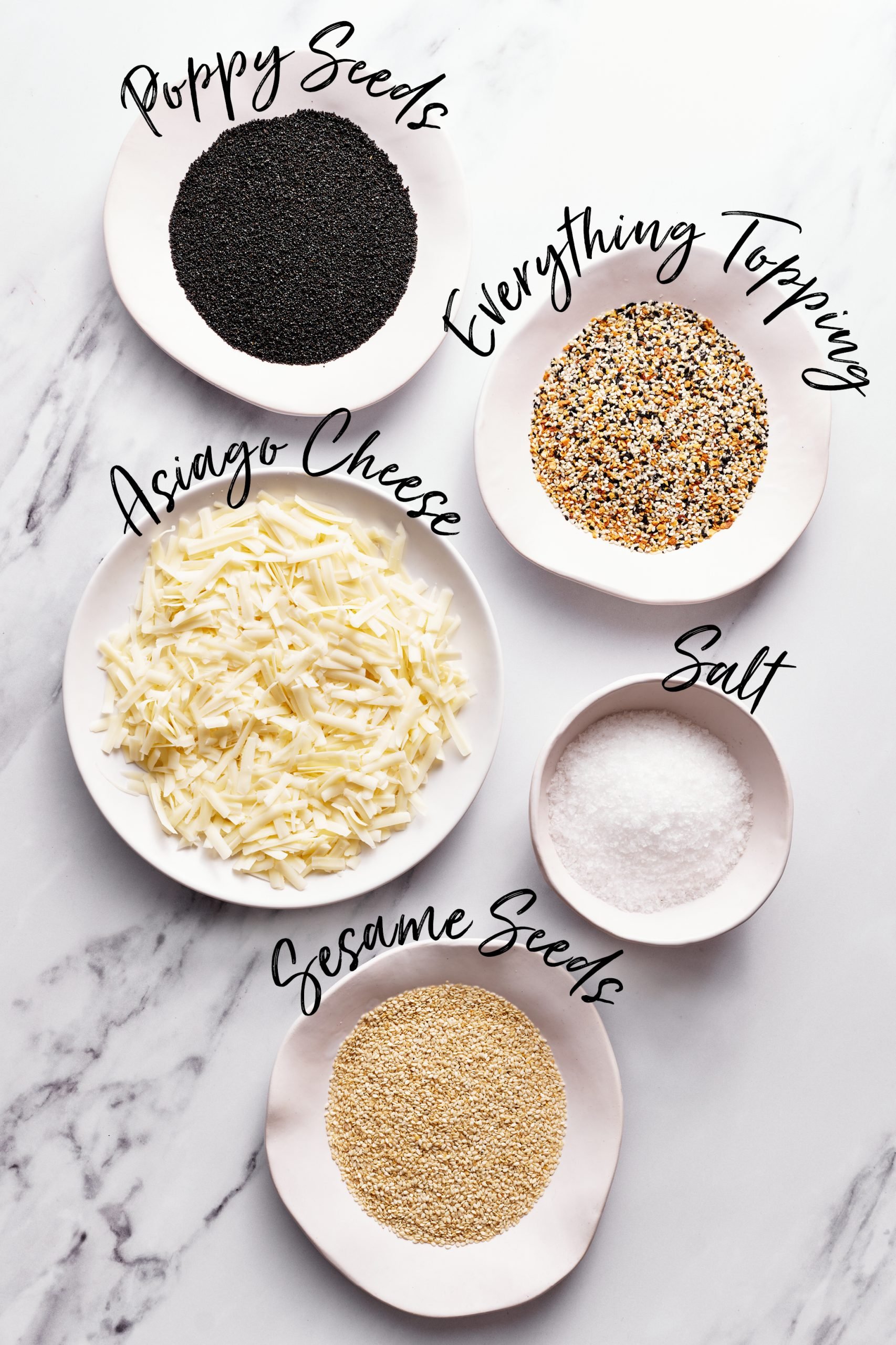 topping ideas include poppy seeds, everything topping, cheese, sesame seeds and salt