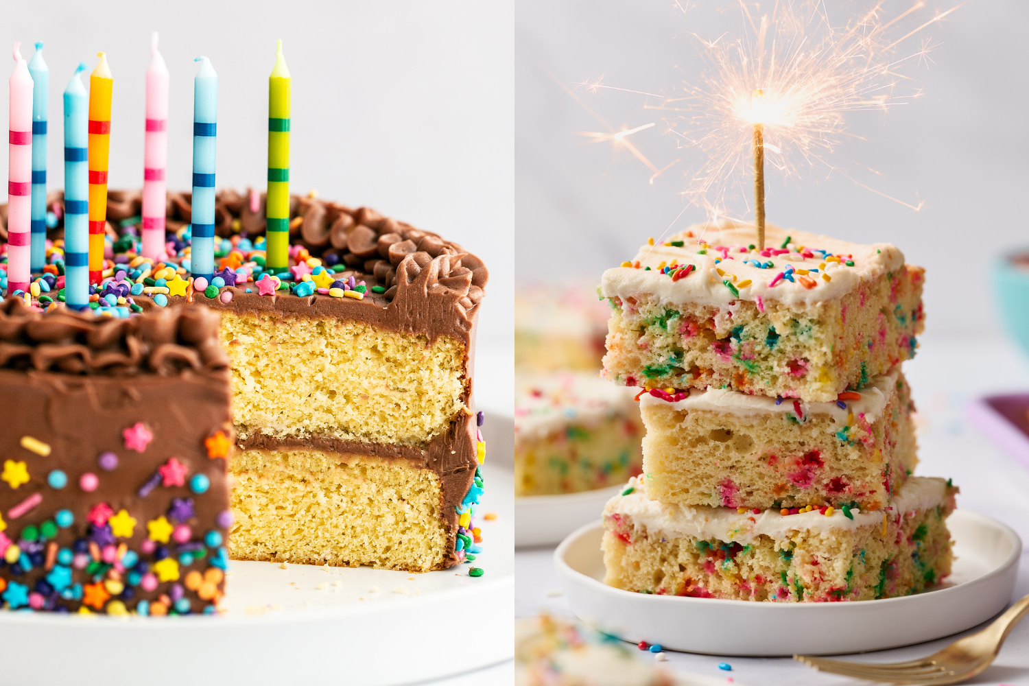 vanilla birthday cake recipes, featuring my Best Birthday Cake and my Funfetti Sheet Cake.