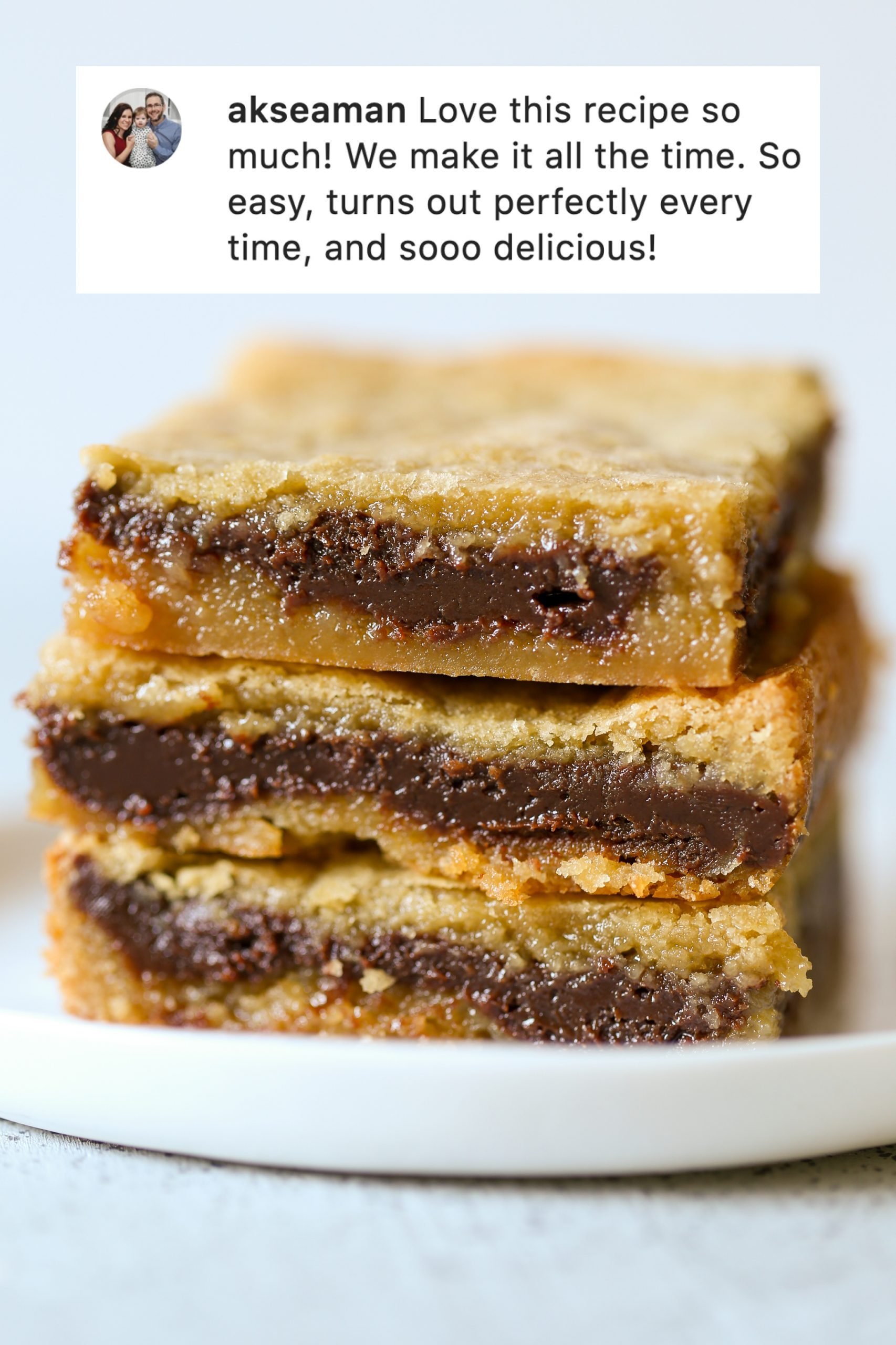 Fudge Stuffed Blondies stacked three high on a plate