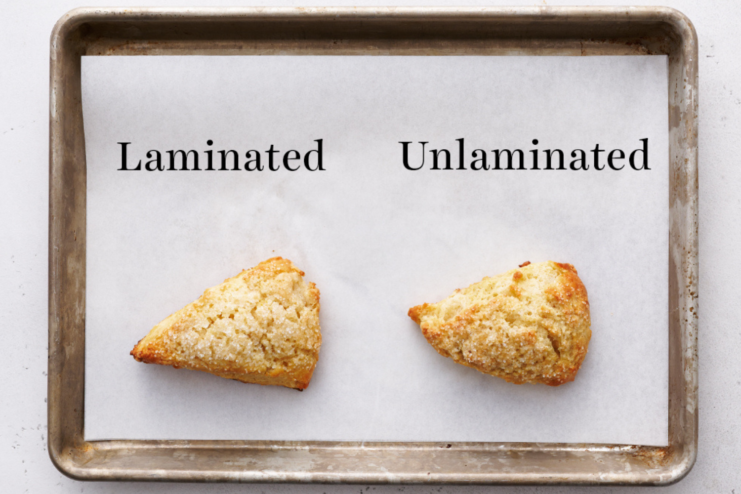 laminated vs unlaminated scones on a baking tray.