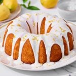 whole unsliced bundt cake topped with icing.