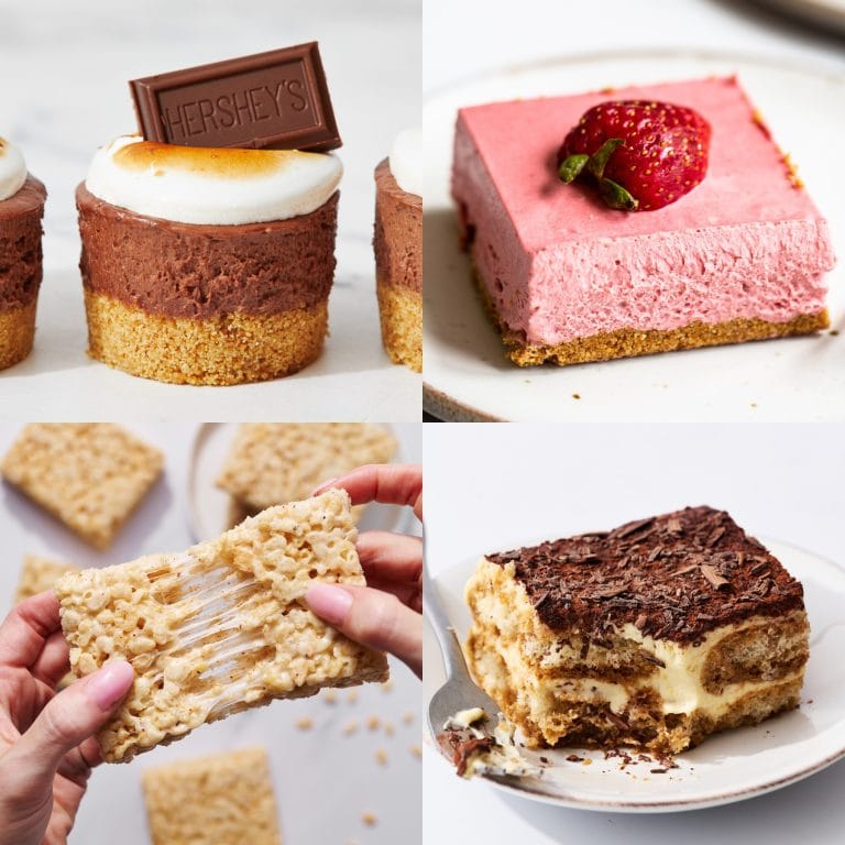 a collage of four no-bake desserts: a mini s'mores cheesecake, a slice of strawberry cheesecake bar, a rice crispy treat, and a slice of tiramisu.