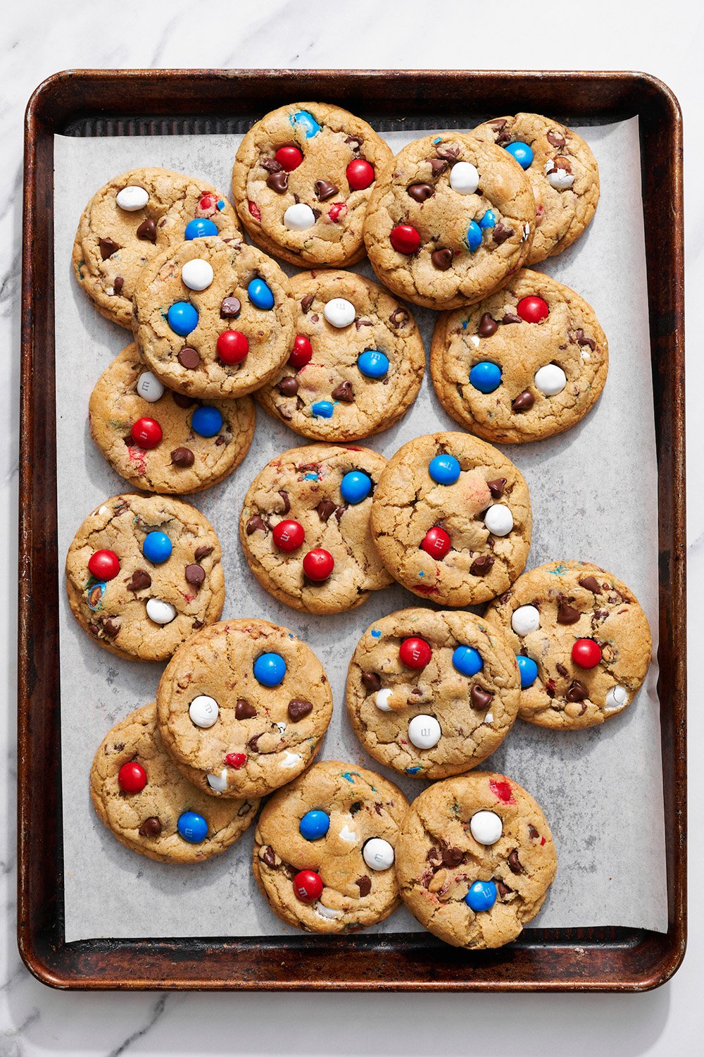 my Bakery Style Chocolate Chip Cookies, made using red, white, and blue M&Ms for patriotic festive vibes