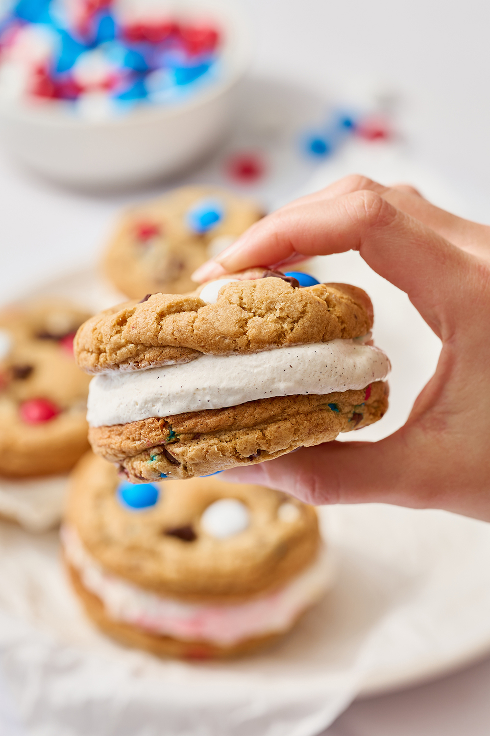 holding a 4th of July ice cream sandwich