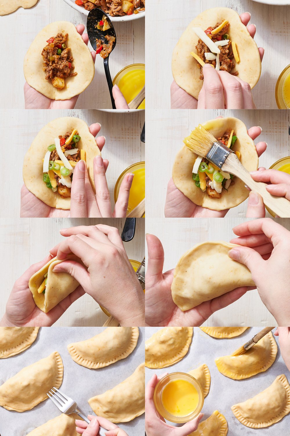 collage of images - how to fill, fold and egg bake empanadas