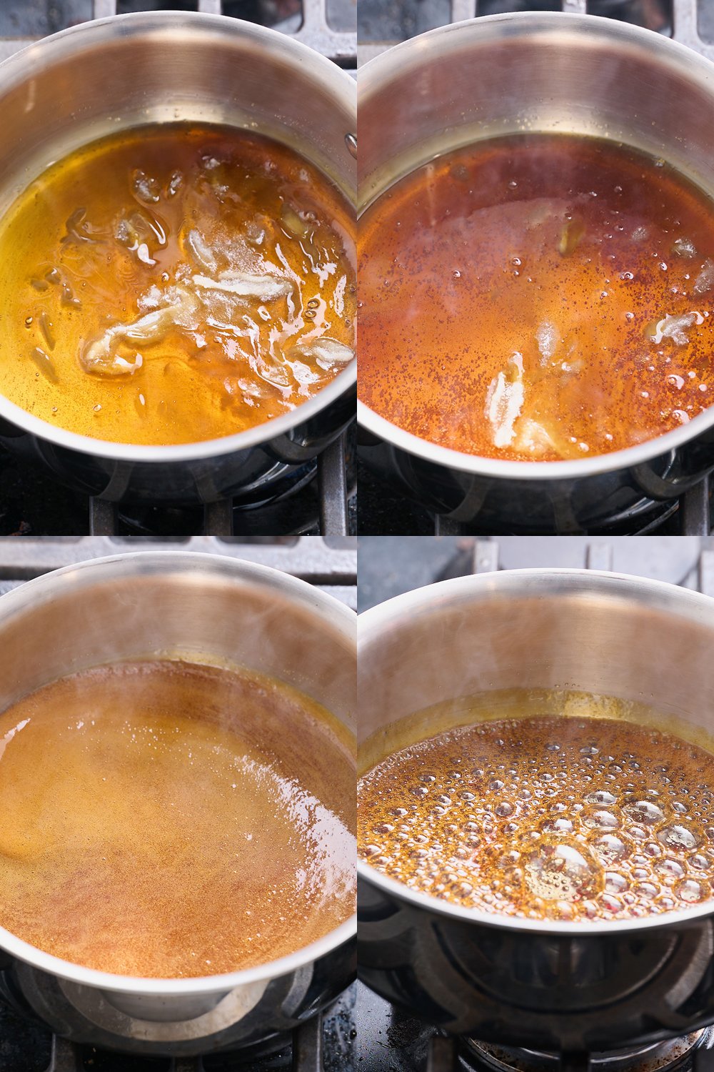 step-by-step process shots of the sugar slowly melting entirely and beginning to turn amber in color.