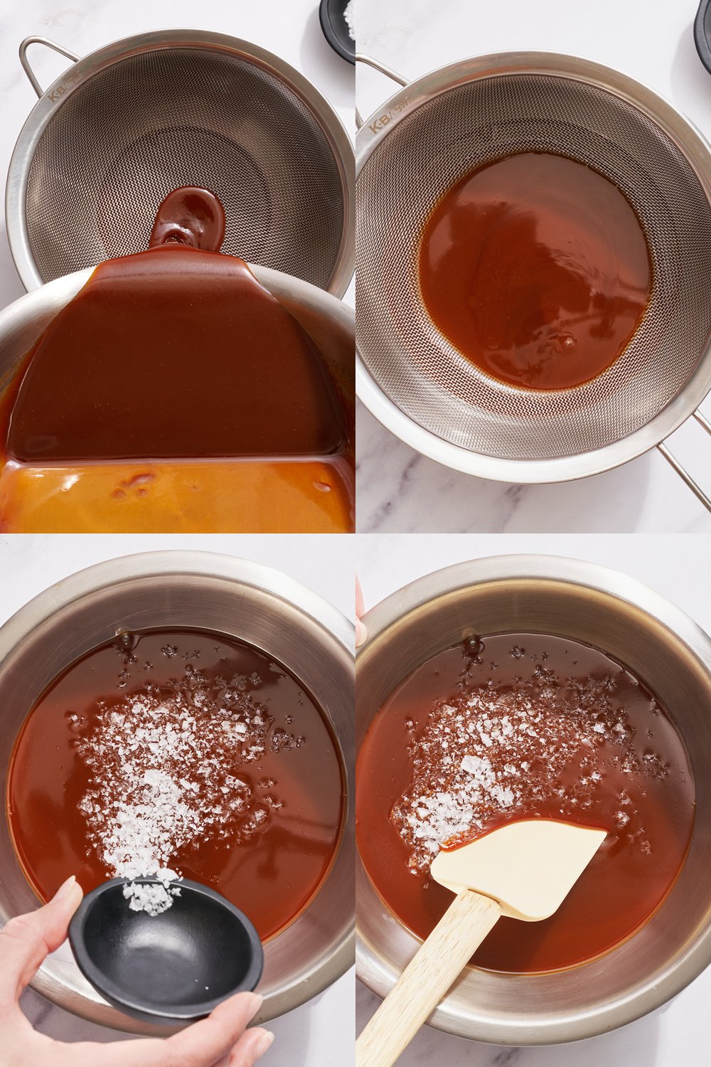step-by-step process shots of adding flaky sea salt to the caramel, and transferring the caramel sauce to a jar to store.