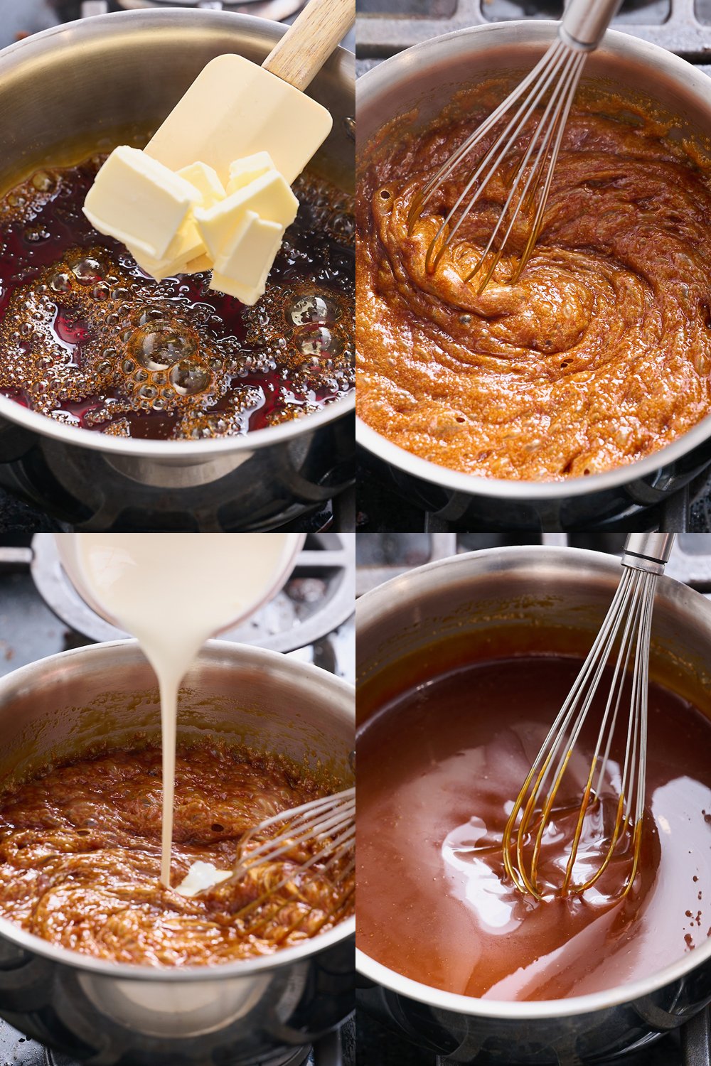 step-by-step process shots of butter being added, then heavy cream being added, to make the caramel.