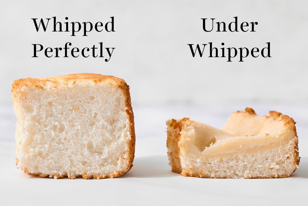 comparison of perfectly whipped batter for angel food cake vs under whipped batter