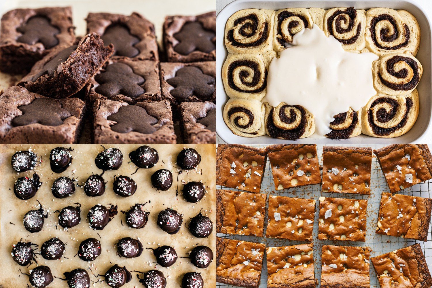 four Christmas in July recipes: gingerbread brownies, cinnamon rolls, truffles, and gingerbread blondies.