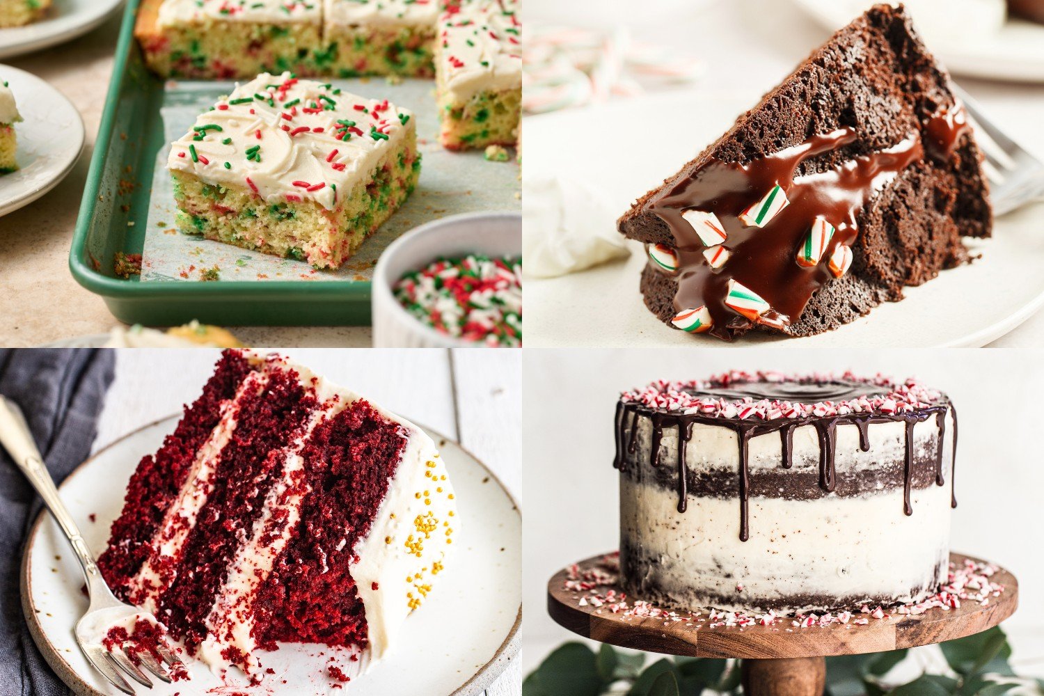 four cakes for Christmas in July: funfetti, bundt, red velvet, and peppermint chocolate.