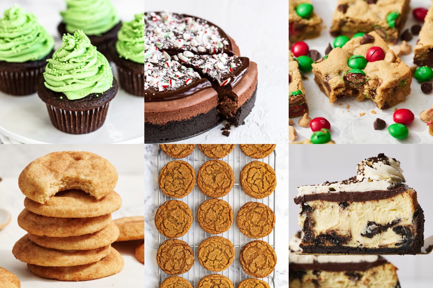 a collage of christmas in july recipes: cupcakes, cheesecake, cookie bars, and cookies.