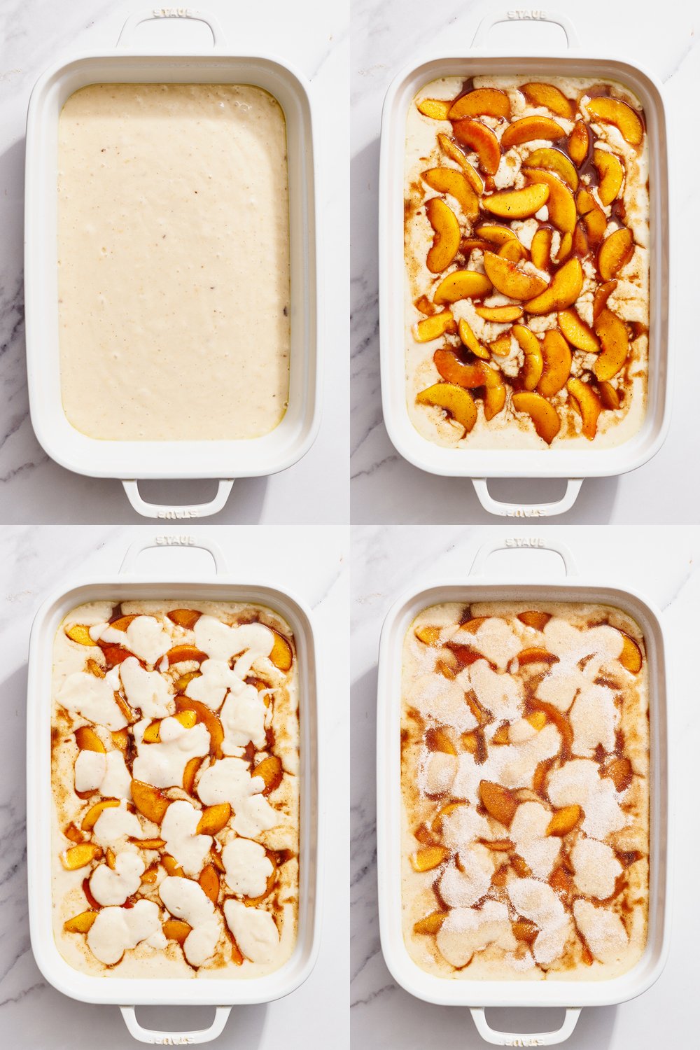 step-by-step collage showing assembling this brown butter peach cobbler