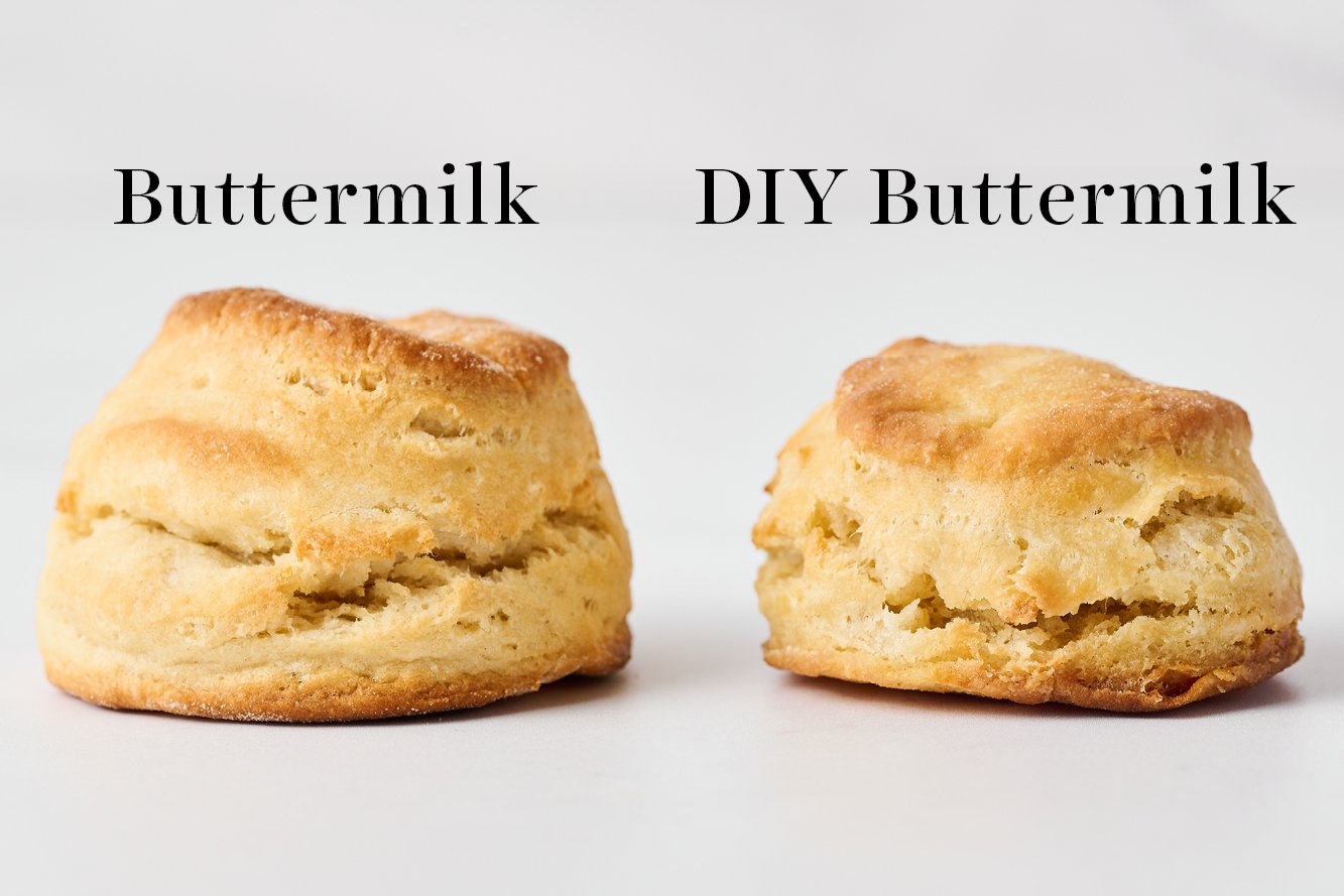 a biscuit made with DIY Buttermilk, next to a biscuit made with real buttermilk. You can see how the biscuit made with real buttermilk is much taller and looks like it's a better texture