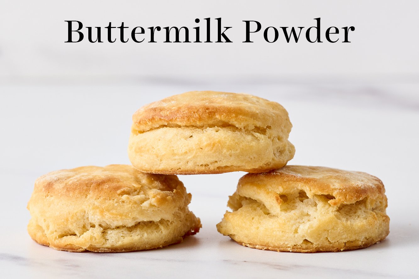 three biscuits made with buttermilk powder, stacked in a pyramid. These are much shorter than the biscuits made with real buttermilk