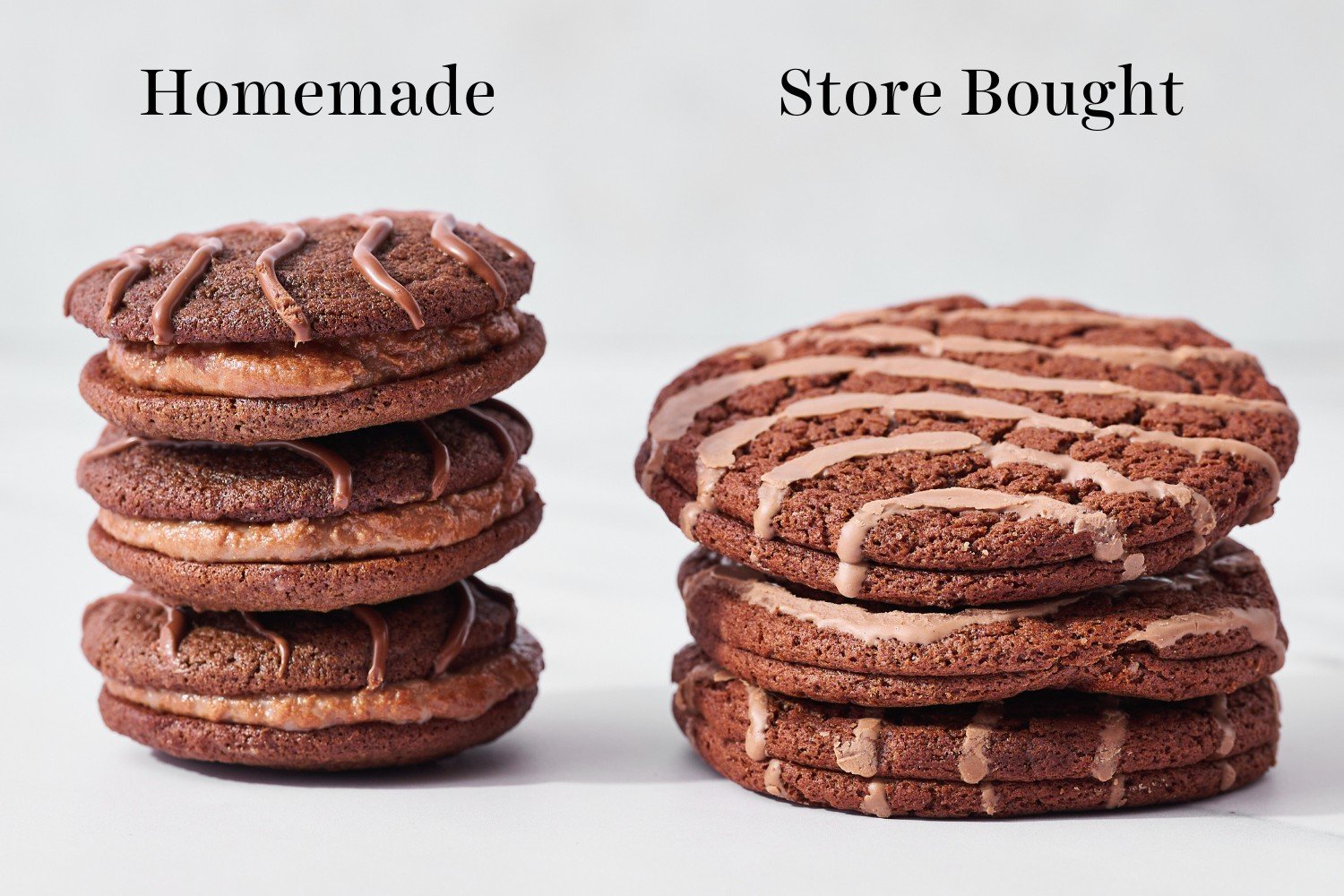 side-by-side stacks of homemade and store bought little debbie's fudge rounds, to compare the size, color and texture of the two.