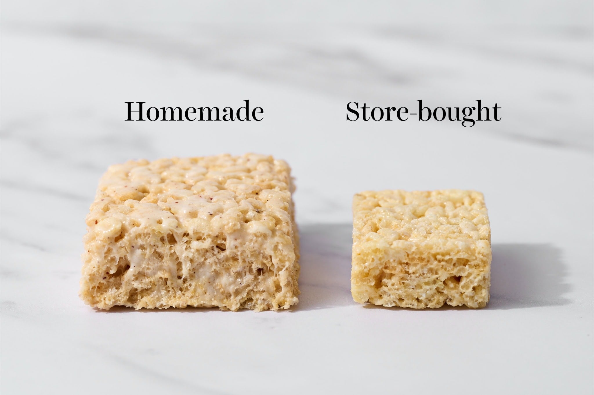 thick, tall, soft, and gooey homemade rice crispy treat on the left compared to a thin and hard store-bought version on the right