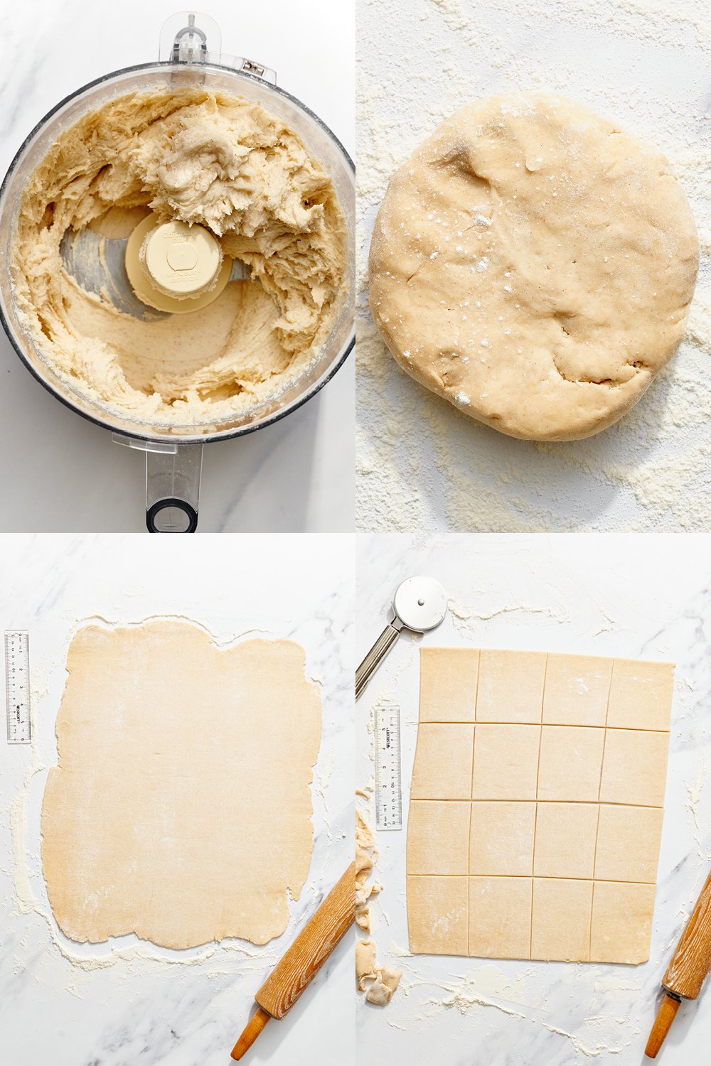 step-by-step photos showing how to make the dough in a food processor and roll it out.