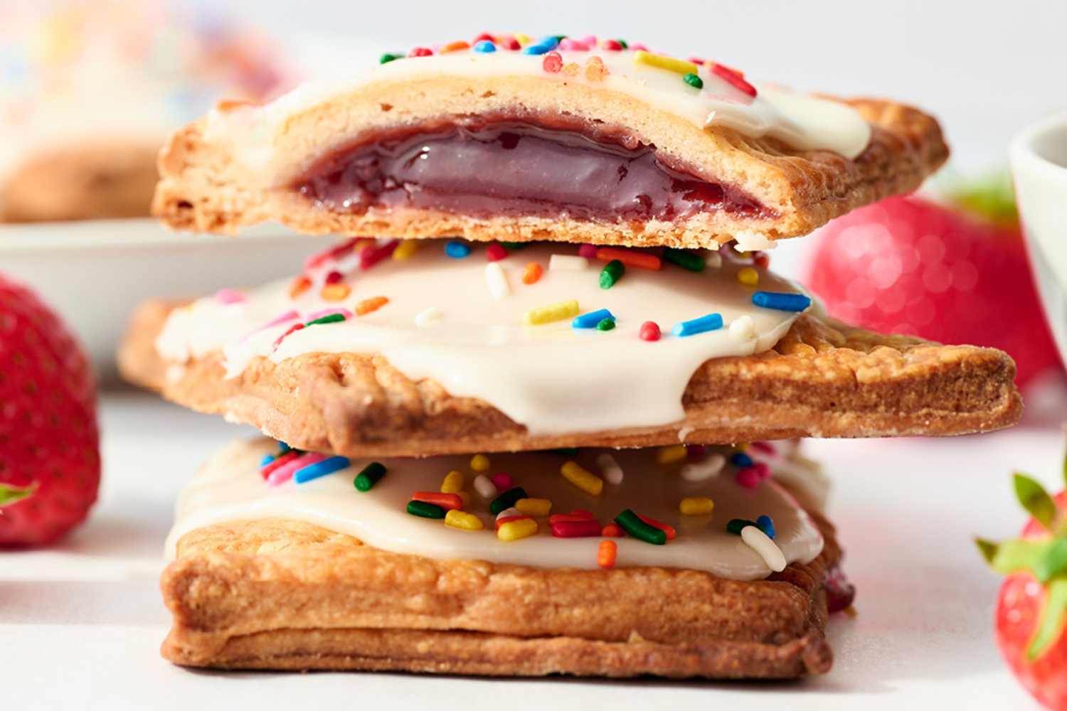 three strawberry pop tarts stacked on top of each other, with the top one cut in half so you can see the jam inside.