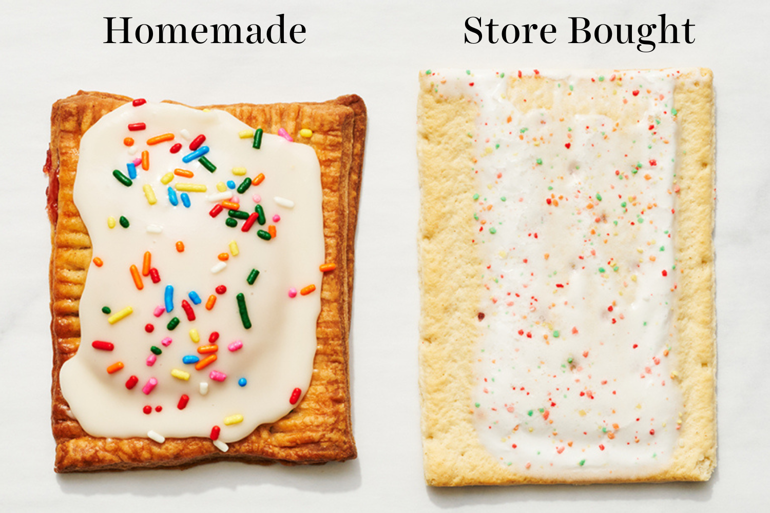 a homemade pop tart next to a store bought Pop Tart, to compare the two side-by-side.