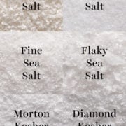 comparison of sea salt, table salt, fine sea salt, flaky sea salt, morton kosher salt, and diamond kosher salt