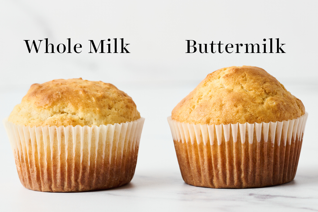 two muffins beside each other, one made with whole milk and one made with buttermilk, both with muffin liners on, showing the muffin top better. The buttermilk muffin has a much taller, more pronounced peak 
