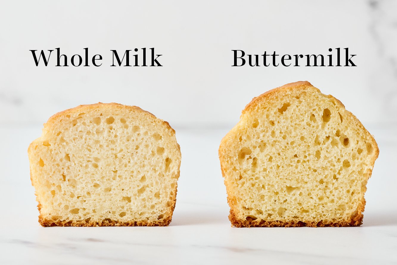 two muffins beside each other, one made with whole milk and one made with buttermilk, both sliced open so you can see the insides of the muffins