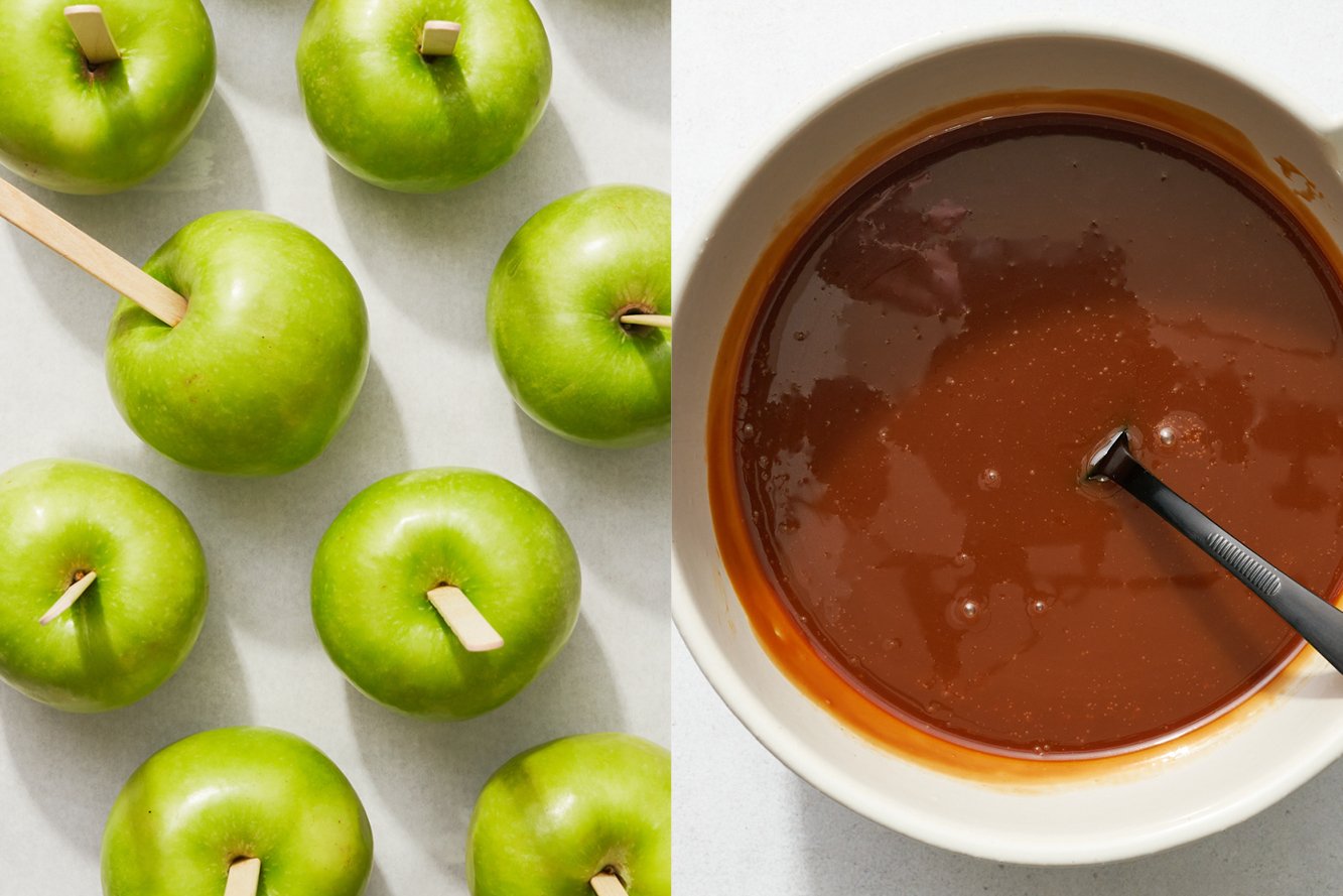 two side-by-side images: one showing popsicle sticks in Granny Smith apples, and the other showing the large bowl of caramel, ready for dipping.