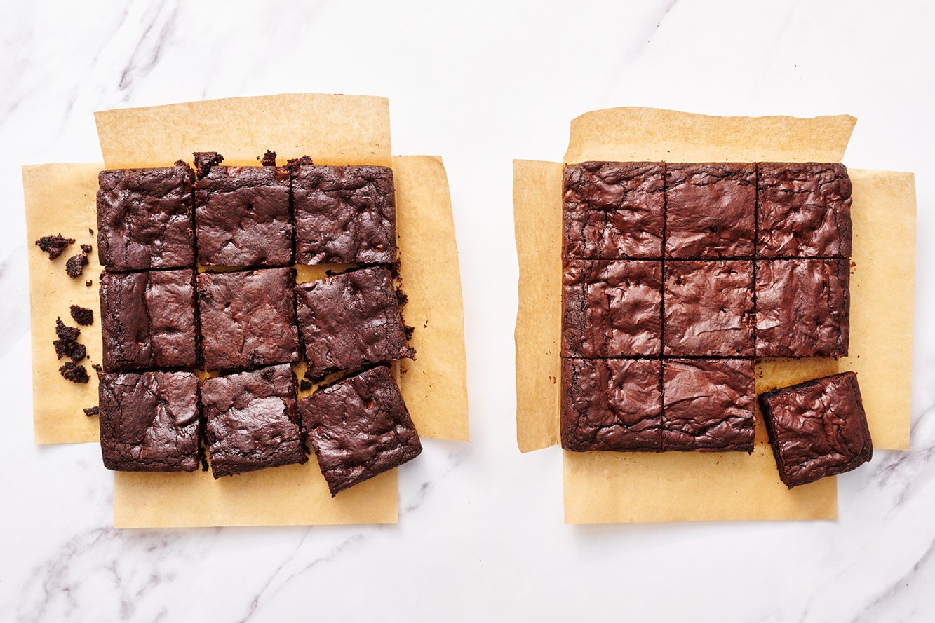 messy brownie slices with crumbs all around, vs. cleanly, perfectly cut brownie slices