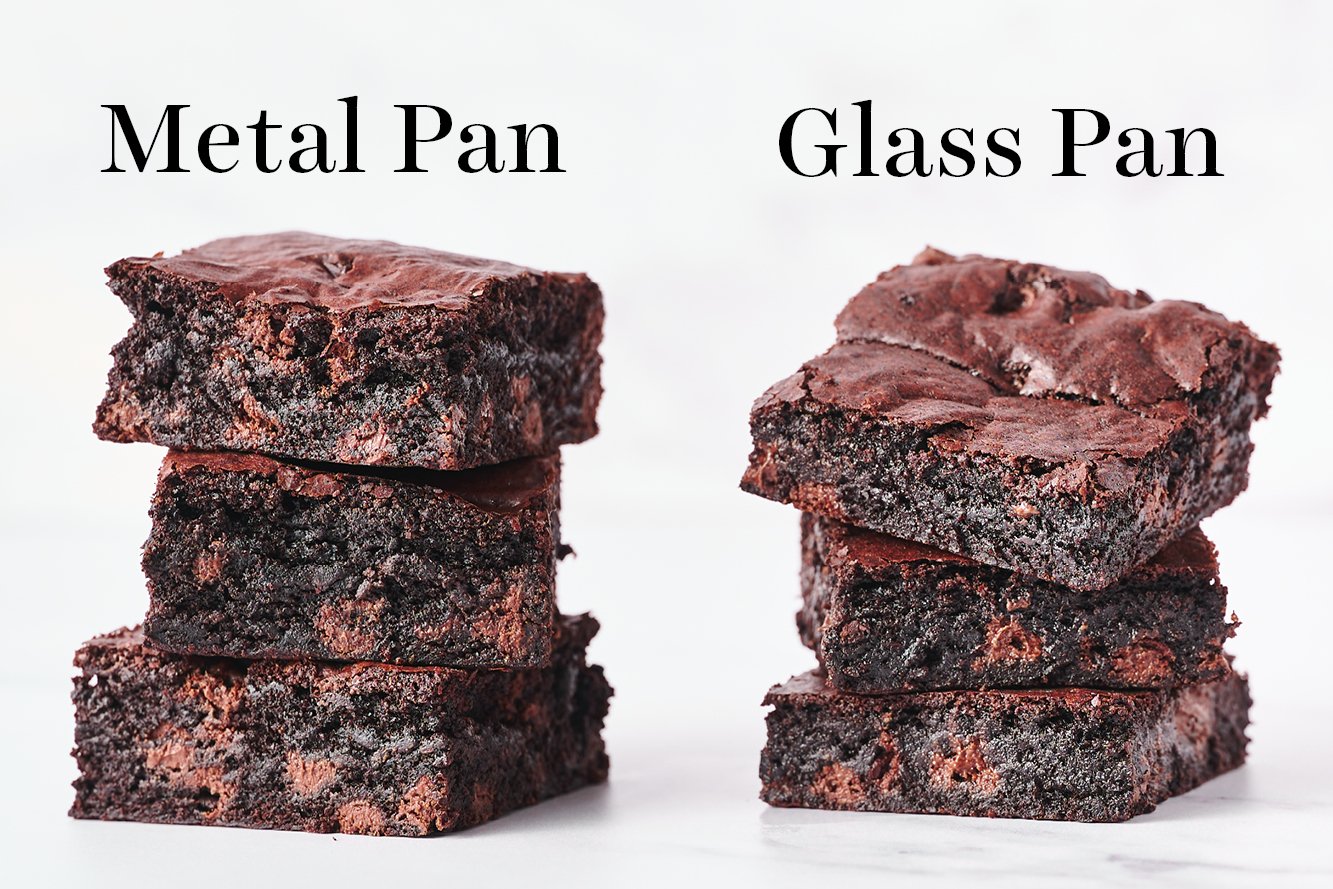stack of my chewy brownies baked in metal pan vs glass pan