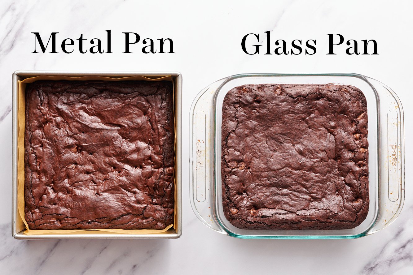 brownies baked in a metal pan next to brownies baked in a glass pan