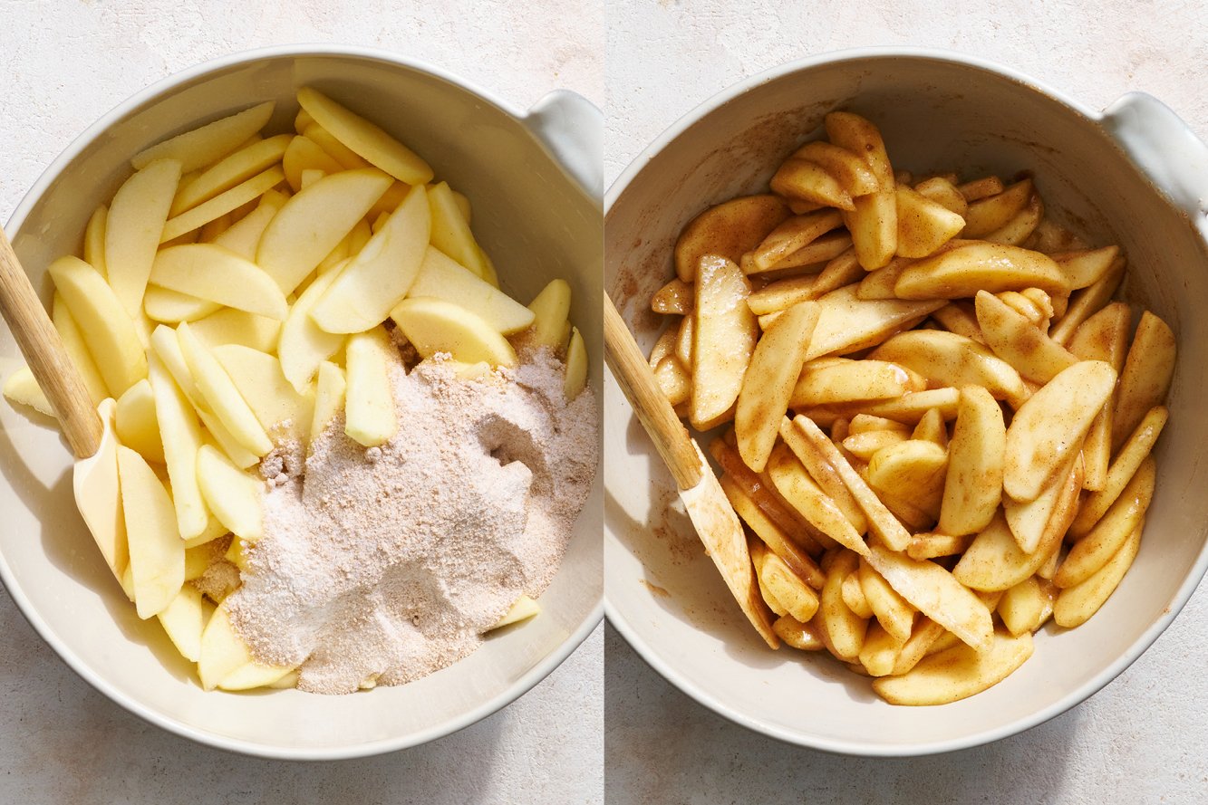 Sliced apples being mixed with spices and a few other dry ingredients