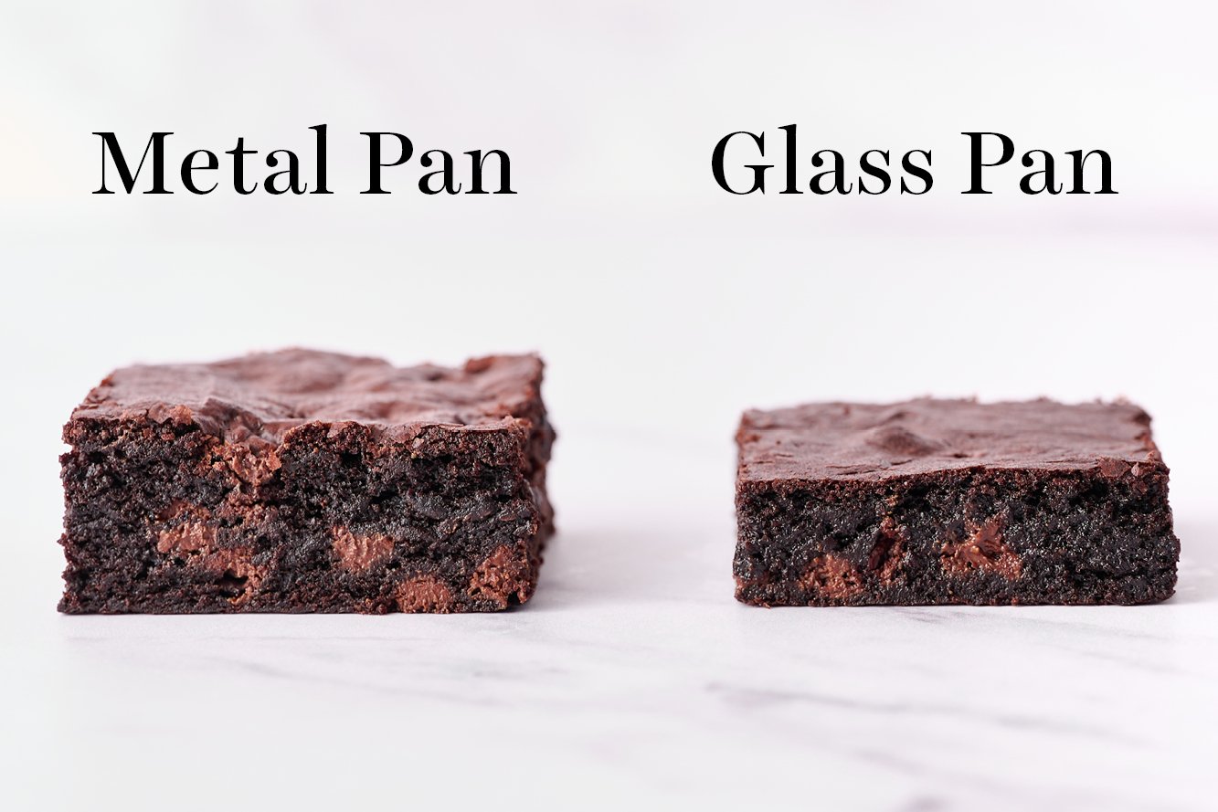 showing the height differences between two brownies baked in pans made of two different materials