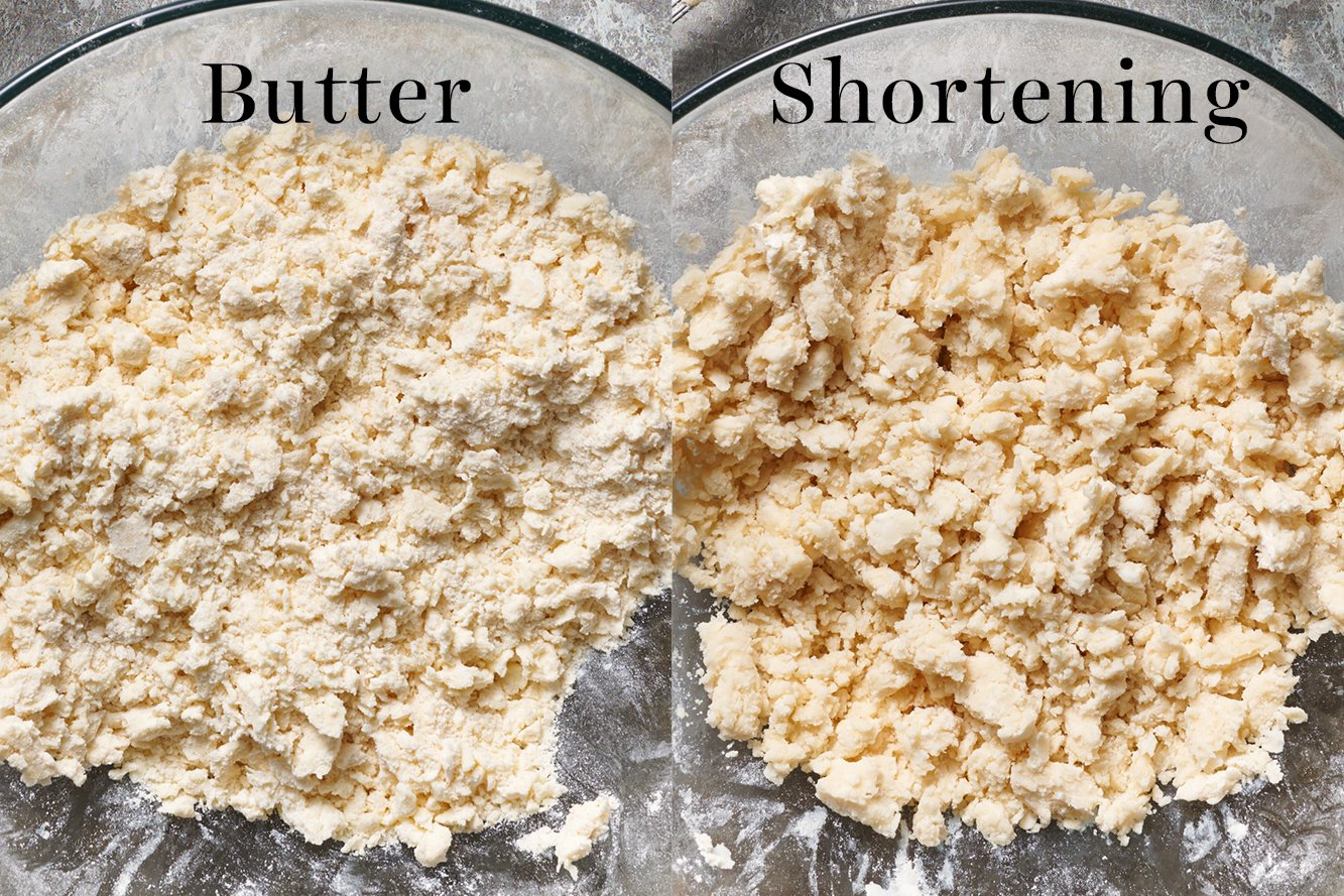 two side-by-side bowls, one with butter and the other with shortening, cut into the dry ingredients.
