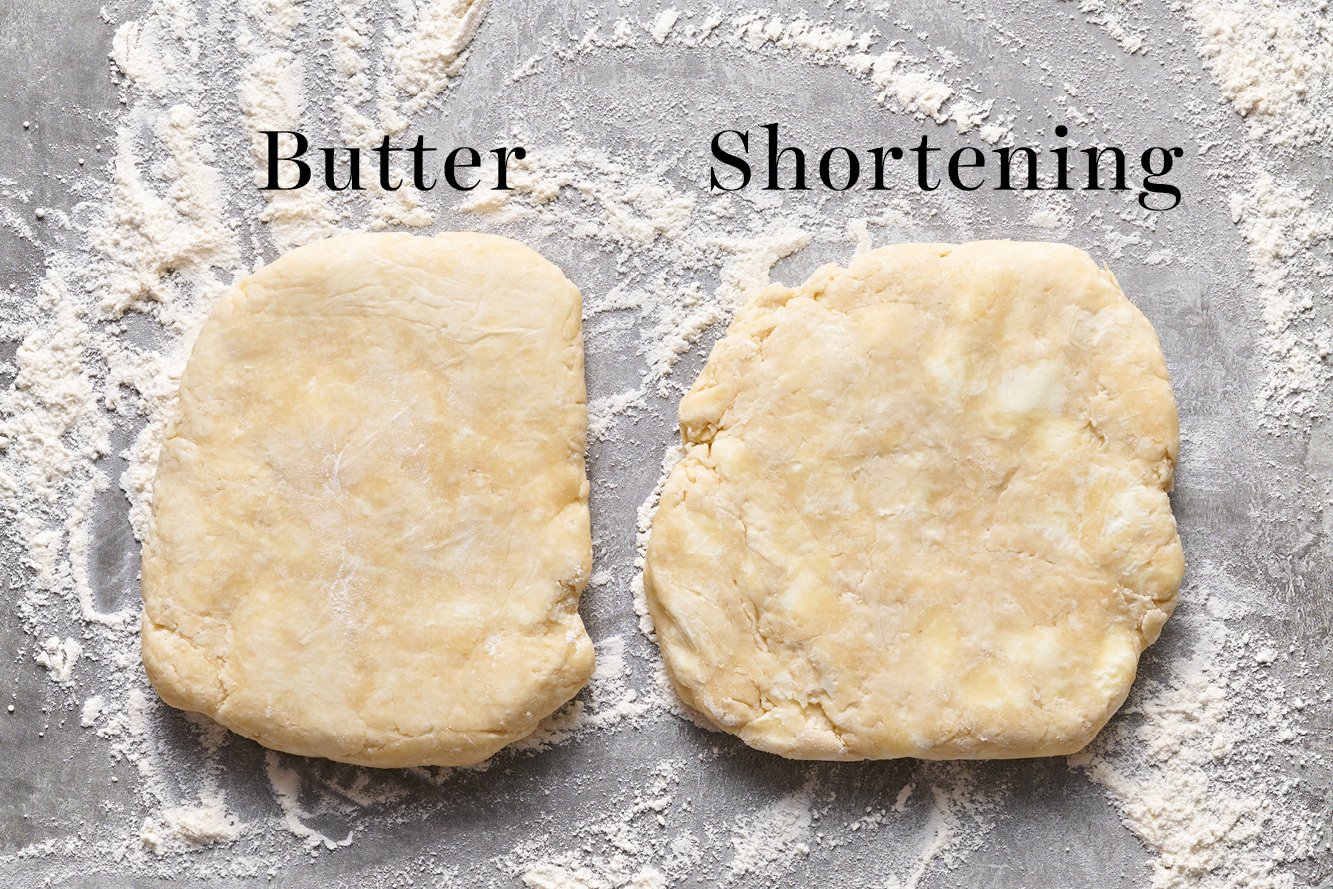 two doughs side-by-side, the first made with all butter and the second made with all shortening, ready to roll out.