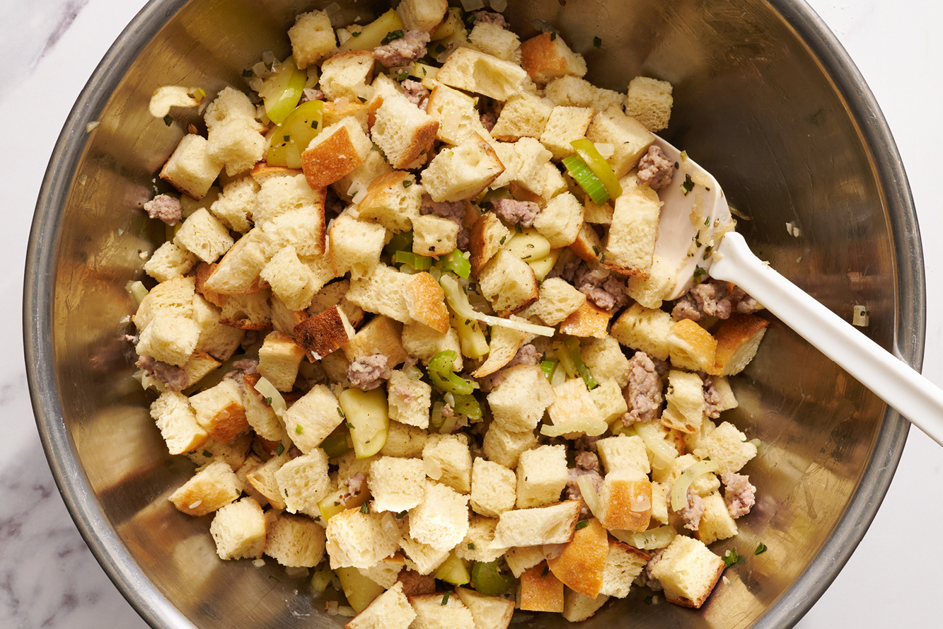 closeup of the sausage apple stuffing in a bowl