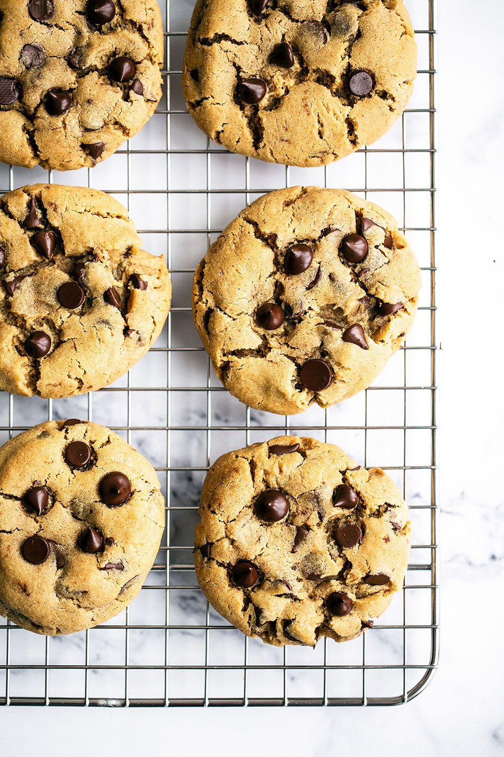 thick, chewy peanut butter chocolate chip cookies on a wire rack