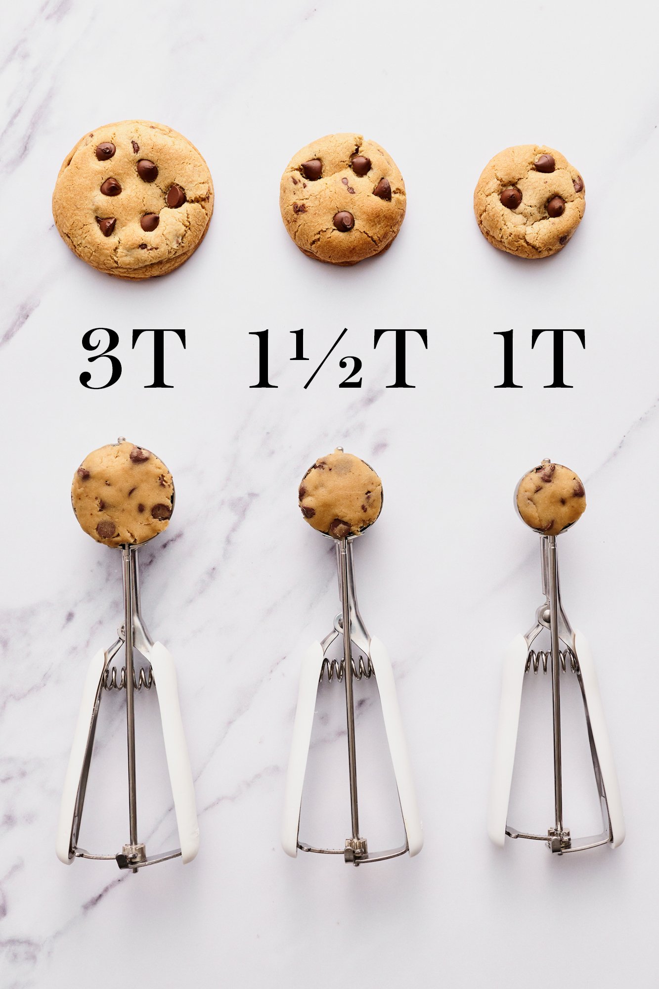 three different sizes of cookie scoops filled with cookie dough with baked cookies above them